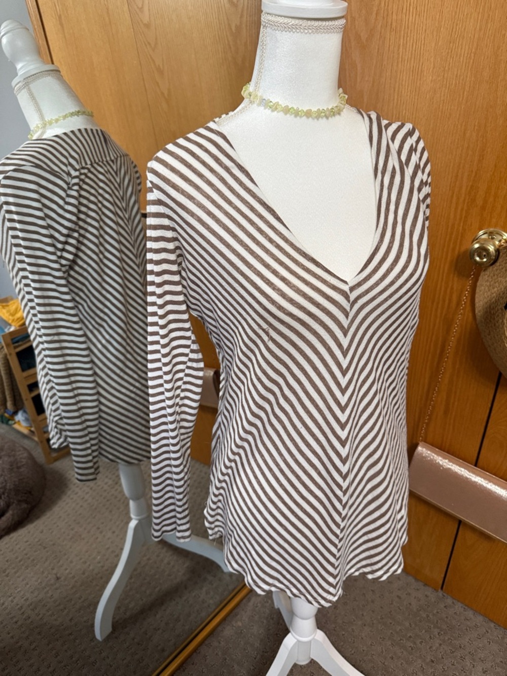 BKE Brown & White Striped V-Neck Long Sleeve Top